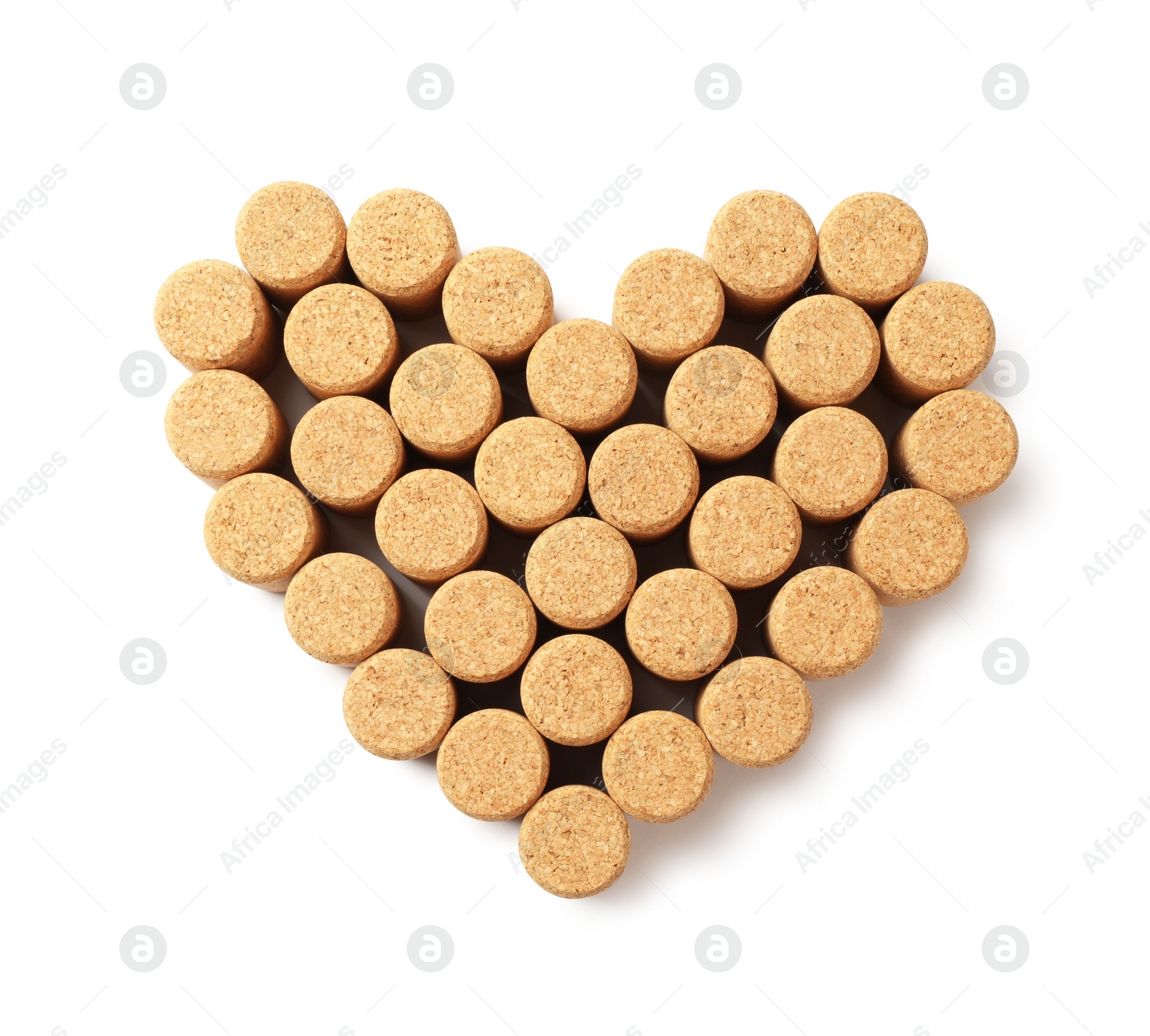 Photo of Heart made of wine bottle corks isolated on white, top view