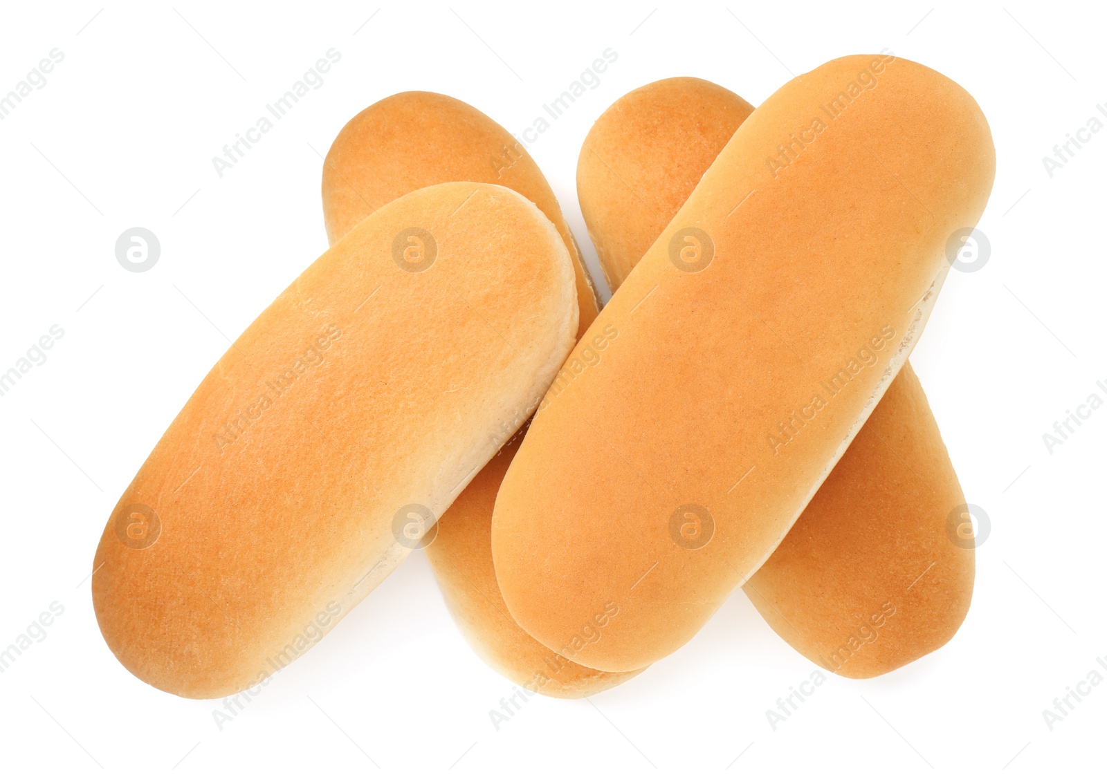 Photo of Many fresh hot dog buns isolated on white, top view