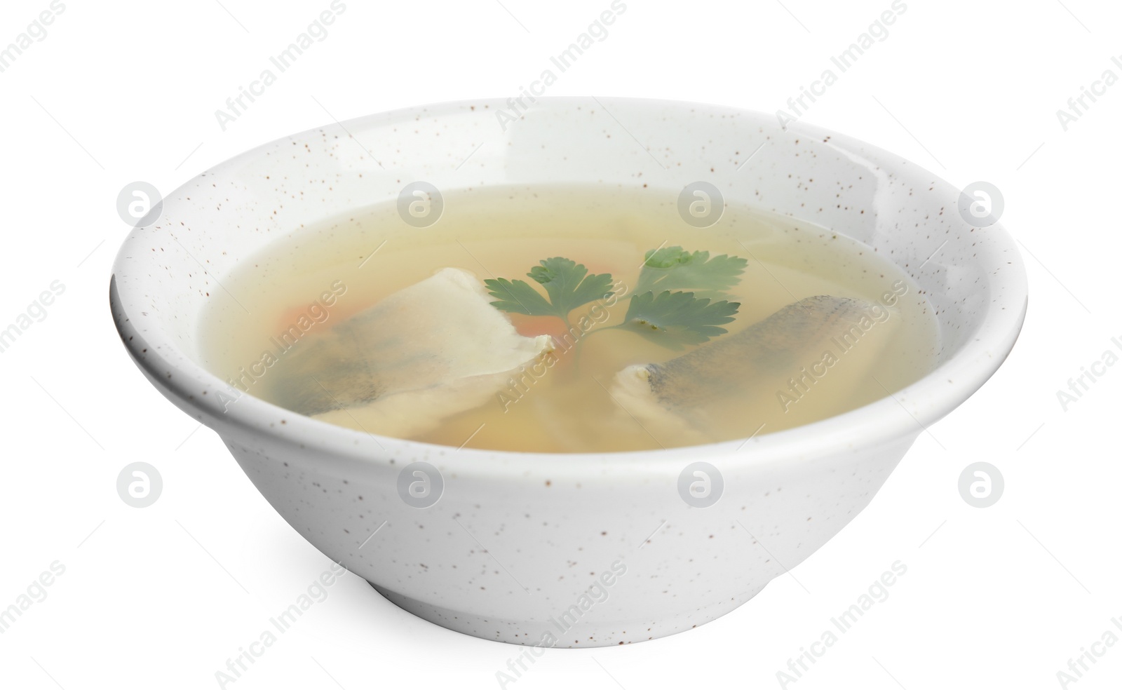 Photo of Delicious fish soup in bowl isolated on white