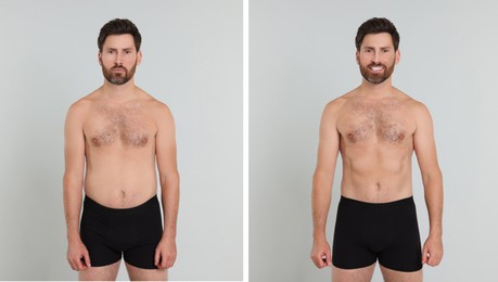 Collage with portraits of man before and after weight loss on light background