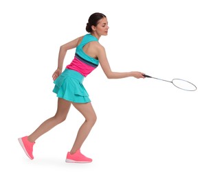 Photo of Young woman playing badminton with racket on white background