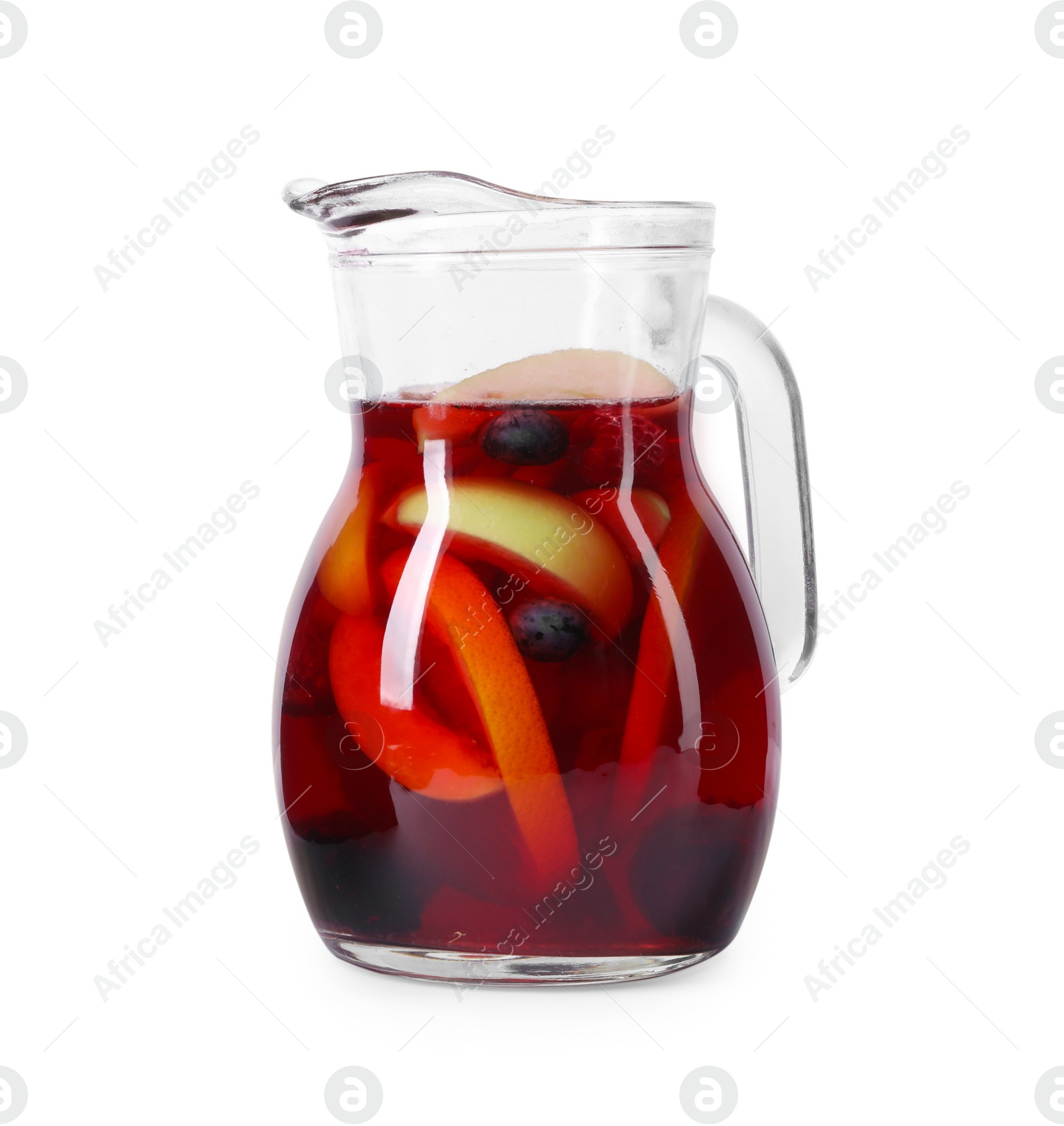 Photo of Glass jug of delicious sangria isolated on white