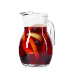 Glass jug of delicious sangria isolated on white