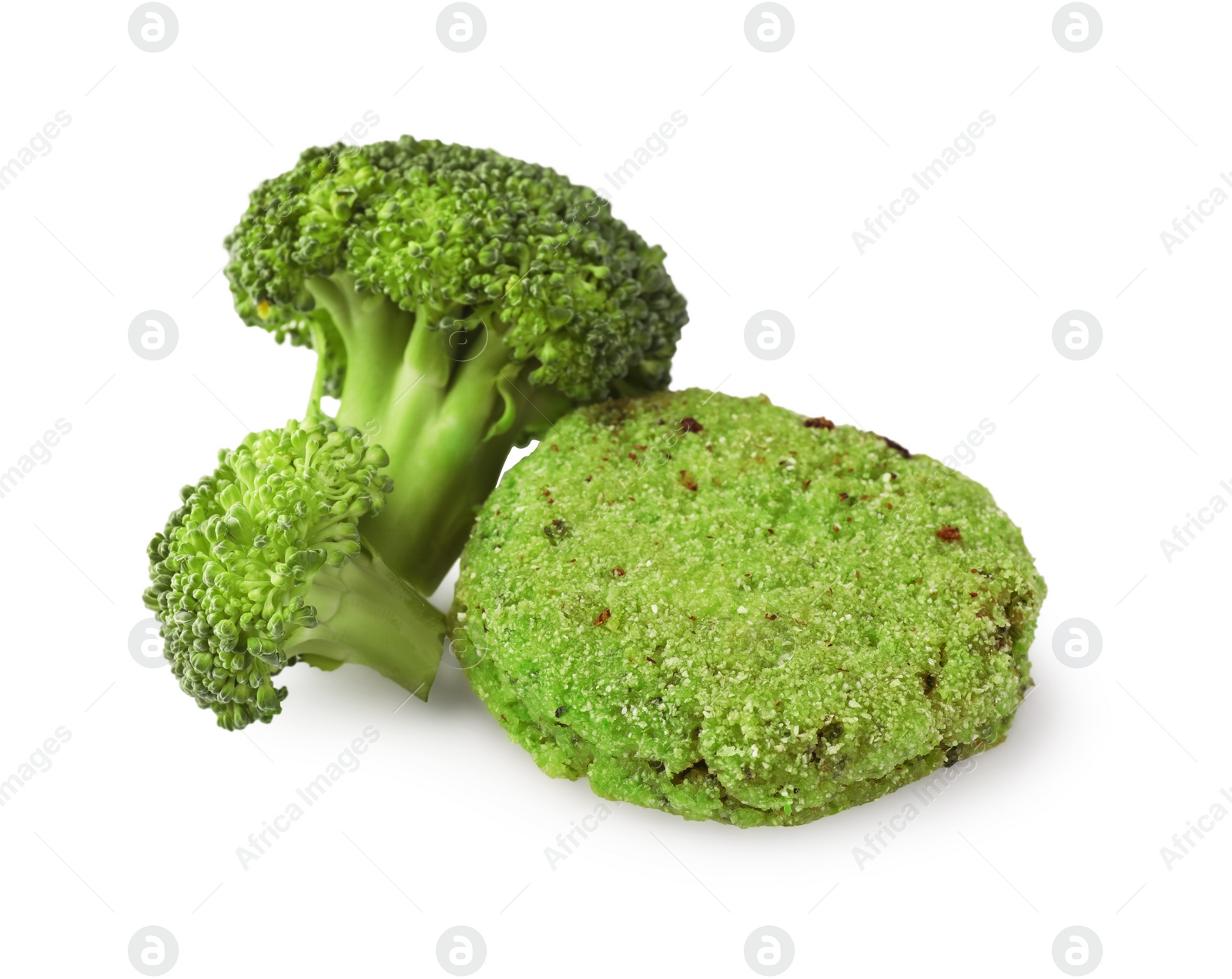 Photo of Tasty vegan cutlet with broccoli isolated on white