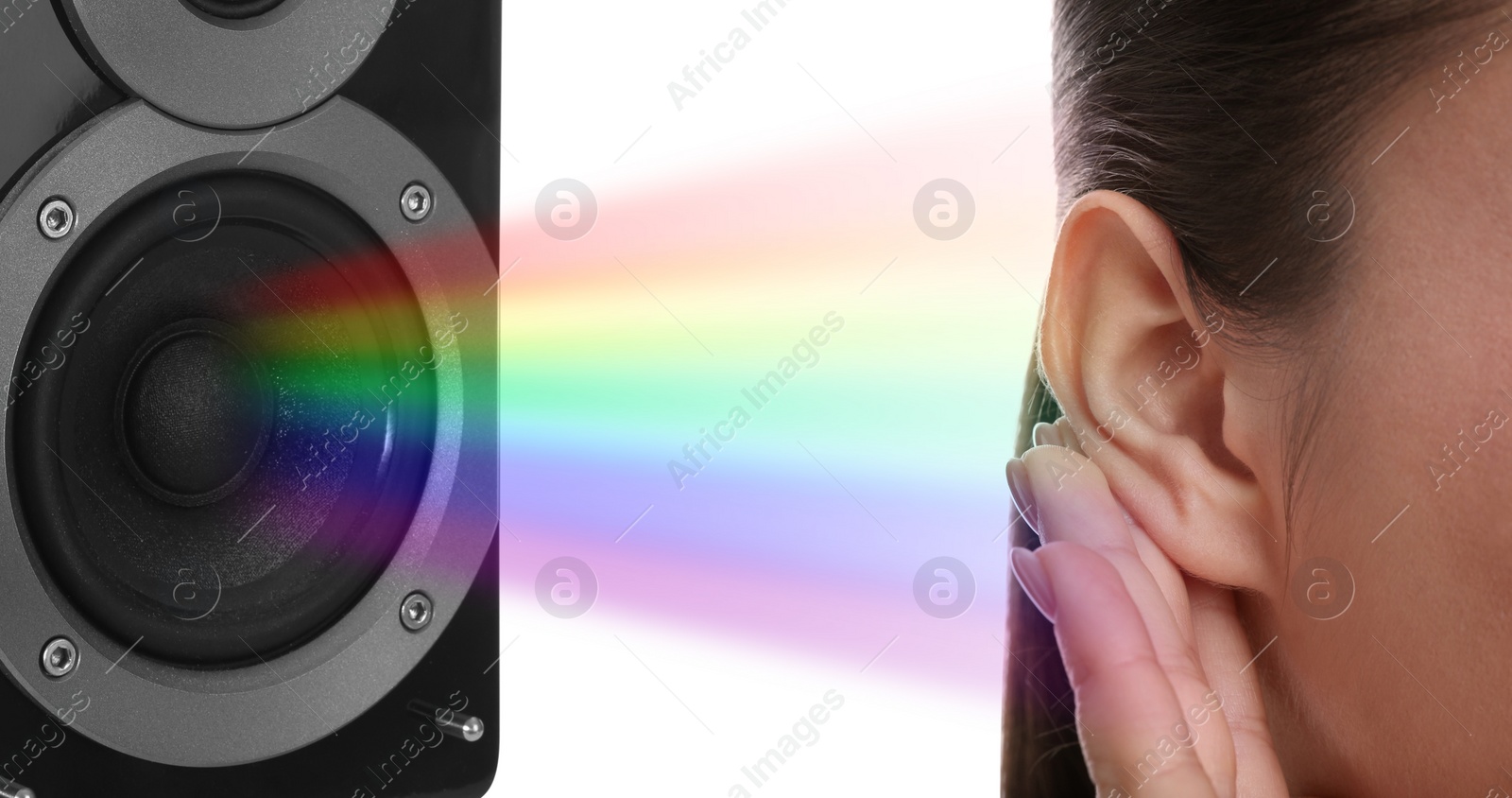 Image of Modern audio speaker and woman listening to music on white background, closeup view of ear. Banner design