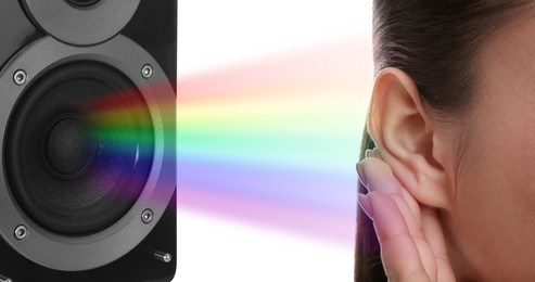 Image of Modern audio speaker and woman listening to music on white background, closeup view of ear. Banner design