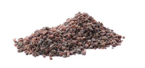 Photo of Pile of Himalayan black salt isolated on white