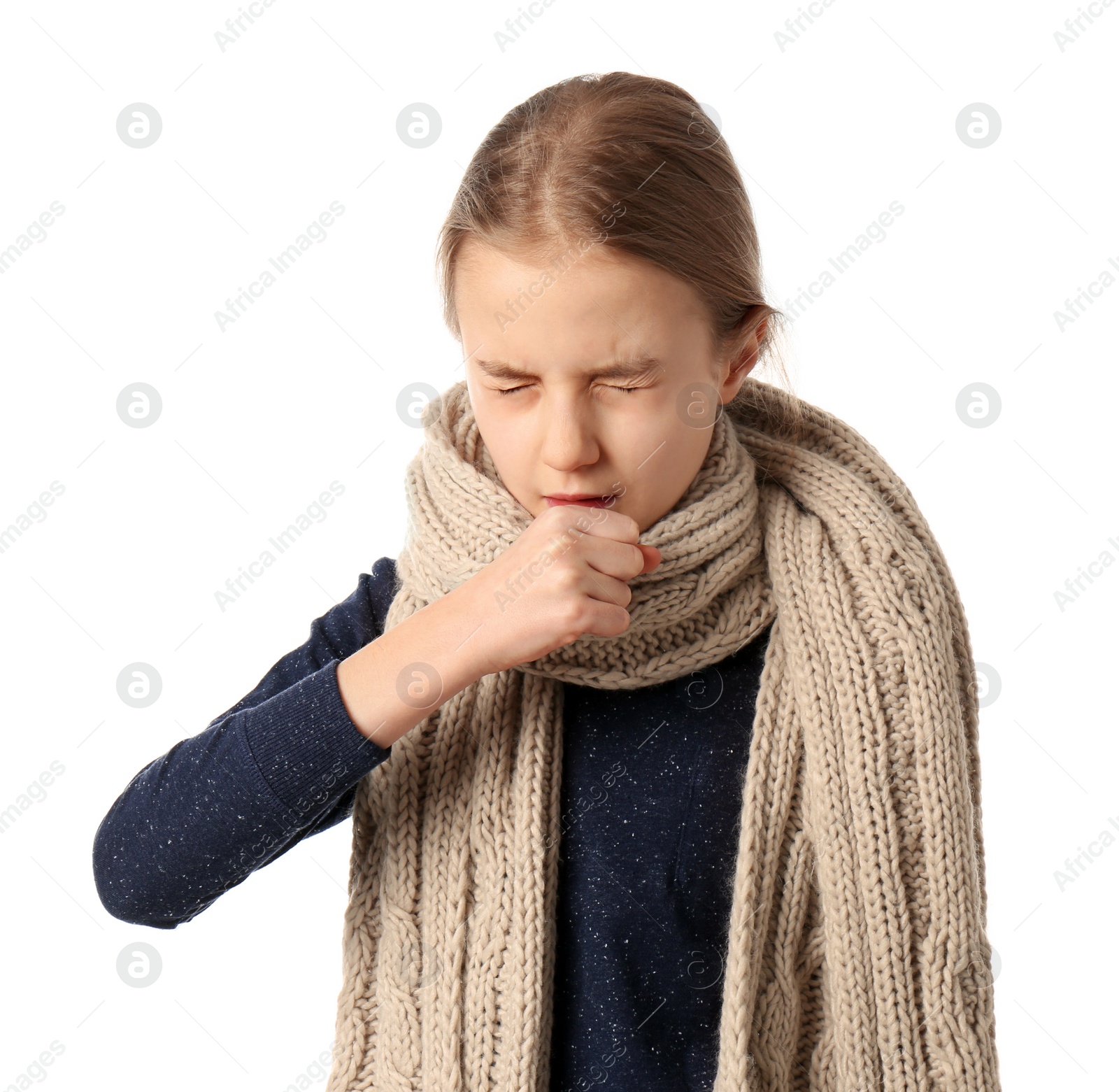 Photo of Girl coughing on white background