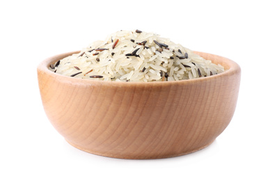 Photo of Mix of brown and polished rice in wooden bowl isolated on white