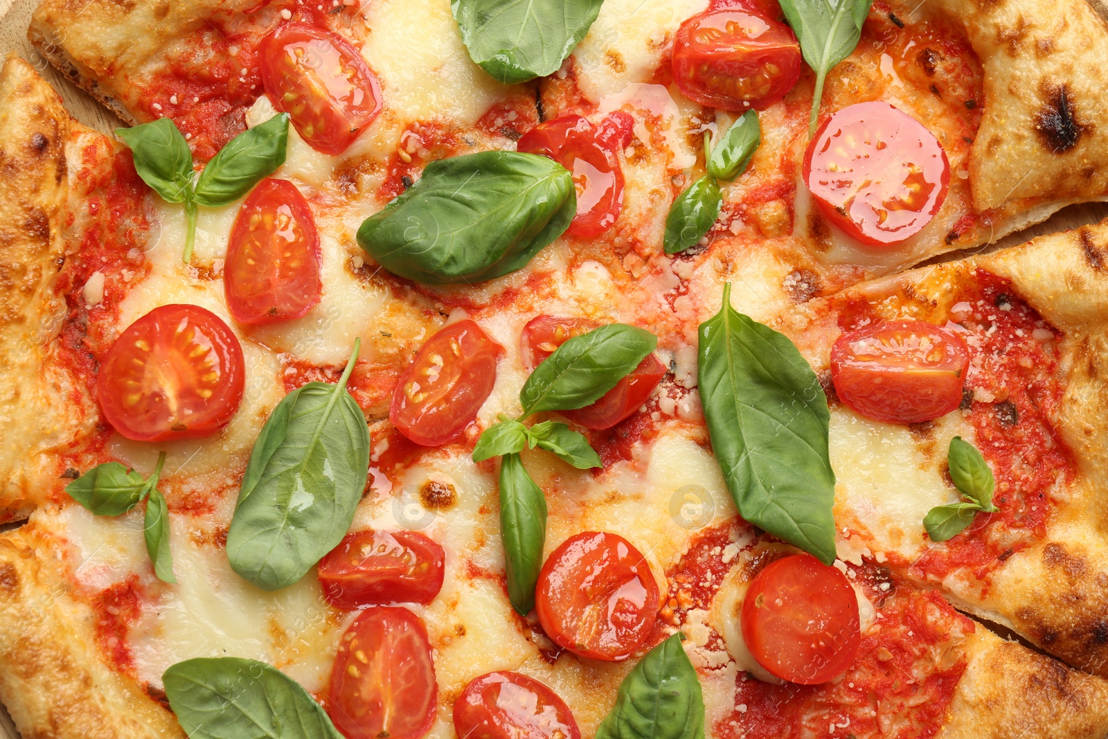 Photo of Delicious Margherita pizza as background, top view