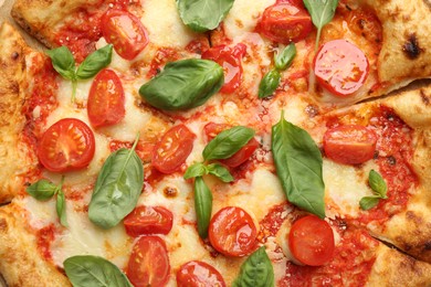 Photo of Delicious Margherita pizza as background, top view