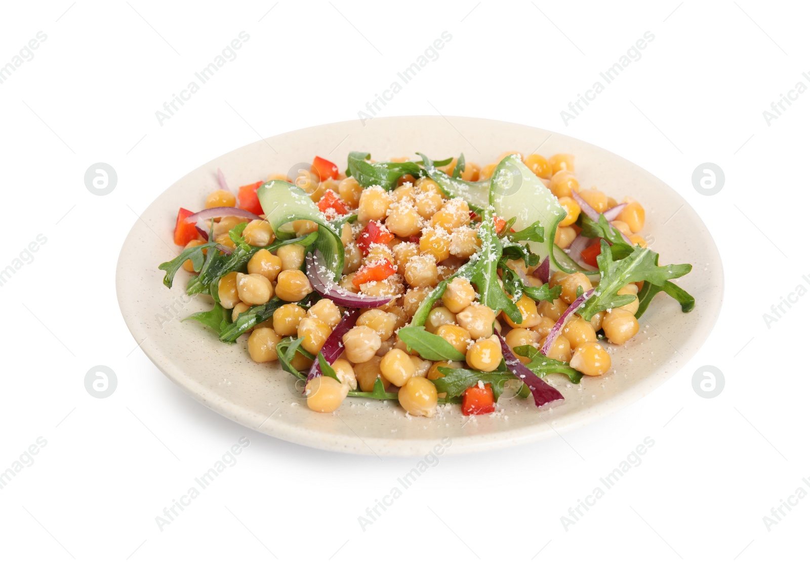 Photo of Plate with delicious fresh chickpea salad isolated on white