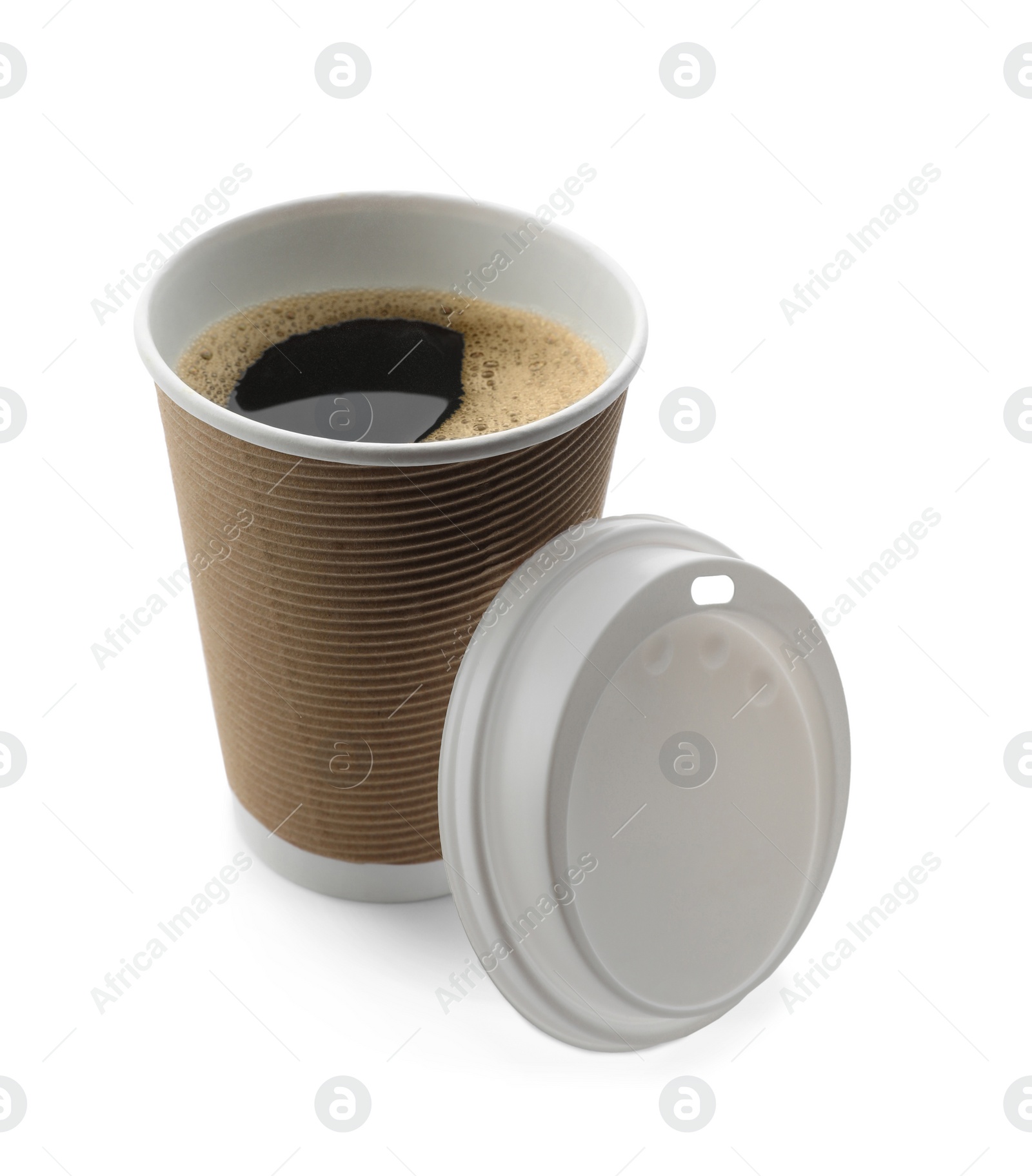 Photo of Aromatic coffee in takeaway paper cup and lid on white background