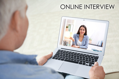 Image of Man using video chat for online job interview indoors, closeup 