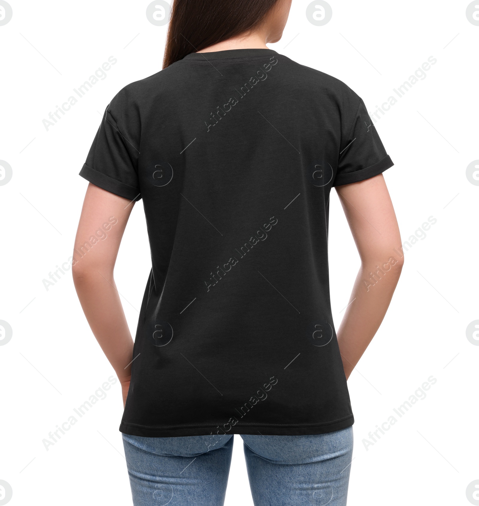 Photo of Woman wearing stylish black T-shirt on white background, closeup