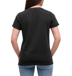 Photo of Woman wearing stylish black T-shirt on white background, closeup