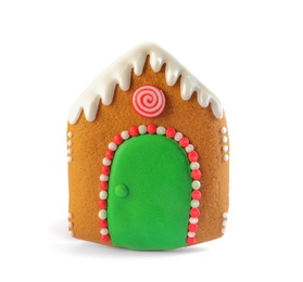 Photo of House shaped Christmas cookie isolated on white