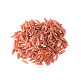 Photo of Uncooked brown rice isolated on white, top view