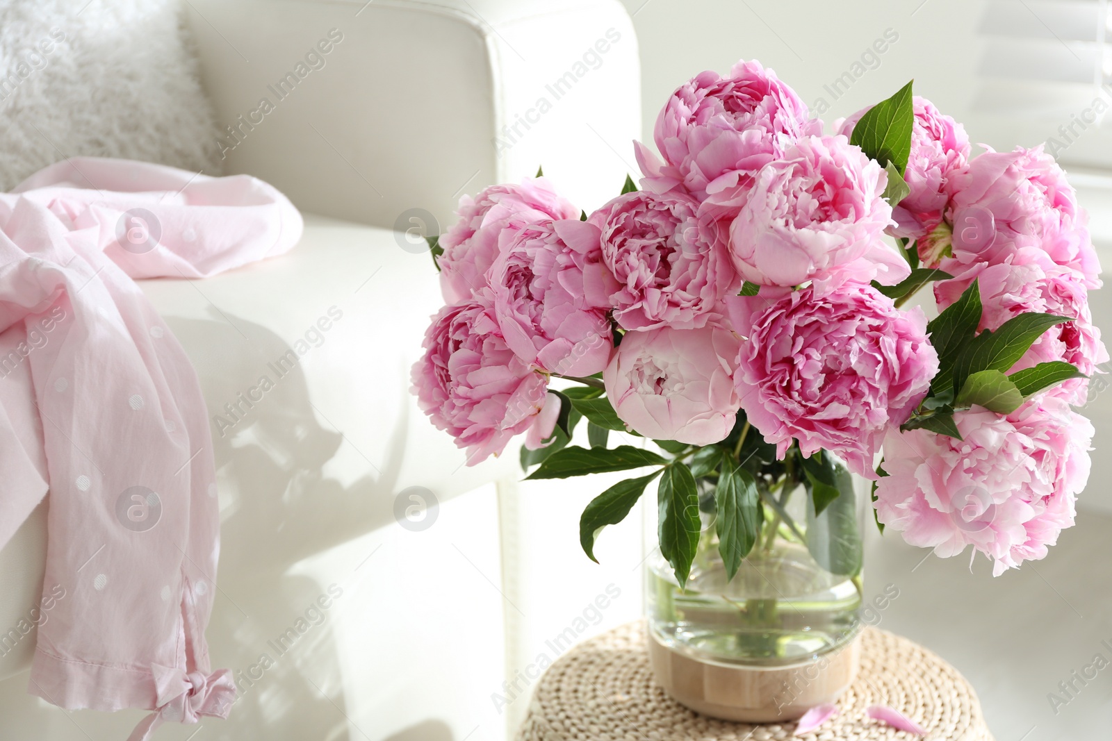 Photo of Bouquet of beautiful peonies on pouf indoors. Space for text