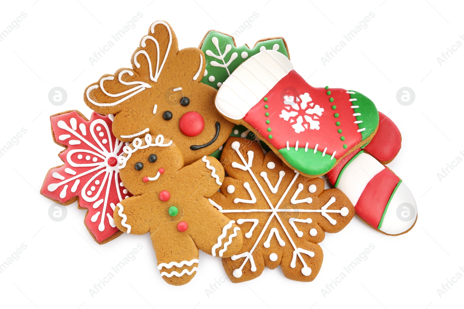 Photo of Different tasty Christmas cookies isolated on white, top view