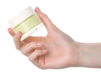 Photo of Woman with jar of cream isolated on white, closeup