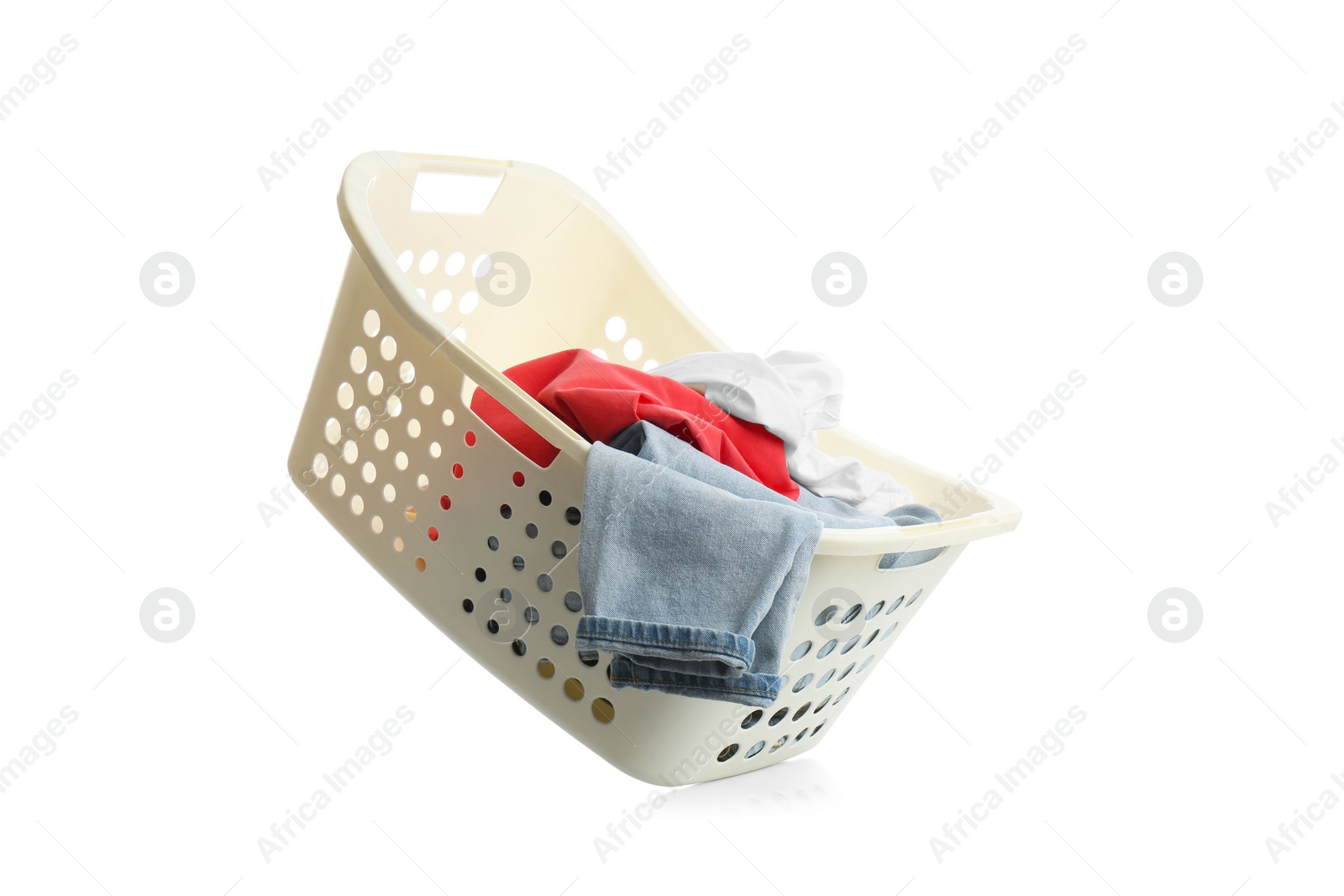 Photo of Laundry basket with clothes isolated on white