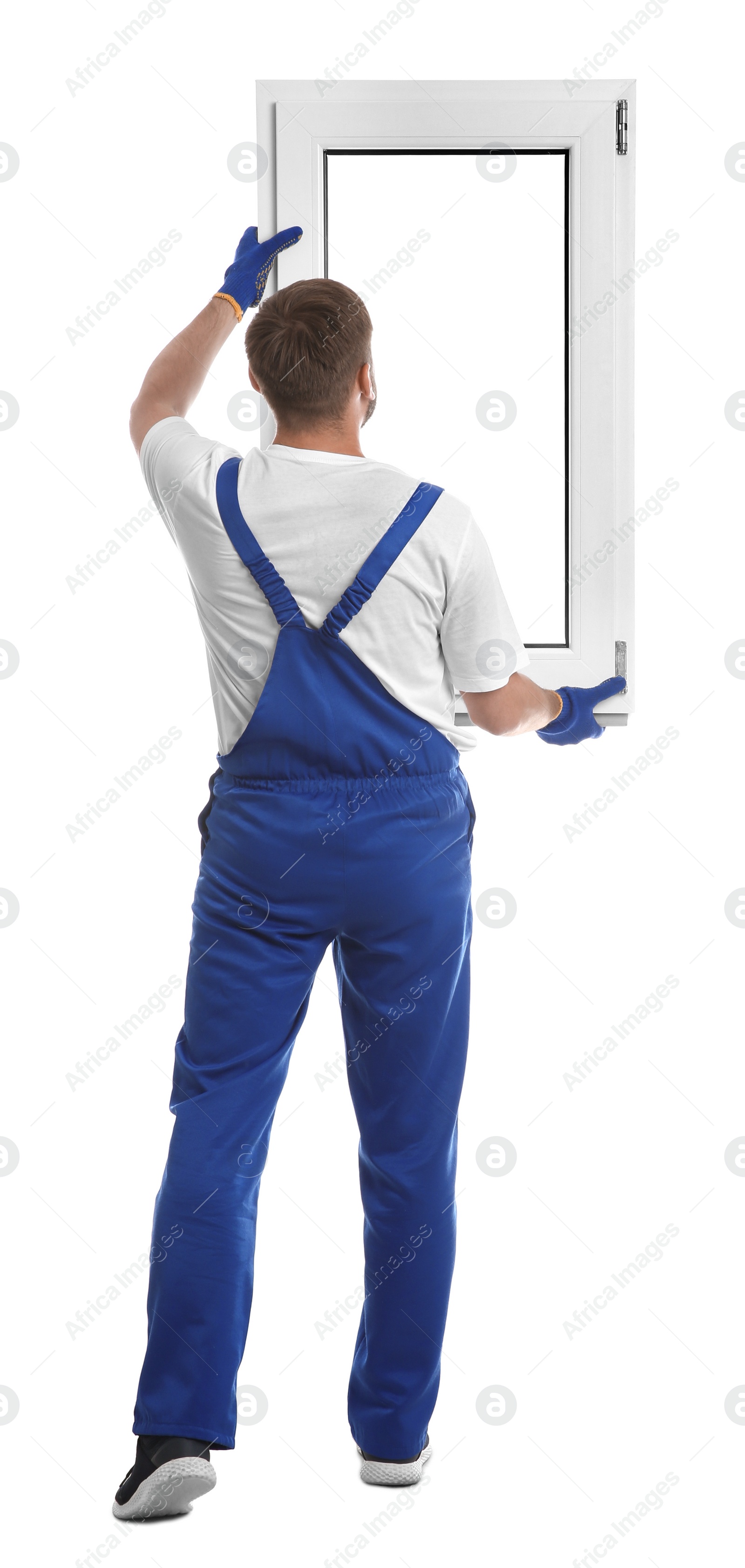 Photo of Worker with plastic window on white background, back view. Installation service