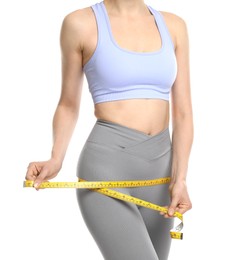 Photo of Woman with measuring tape showing her slim body on white background, closeup