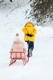 Photo of Little boy pulling sledge with his sister through snow in winter park, back view