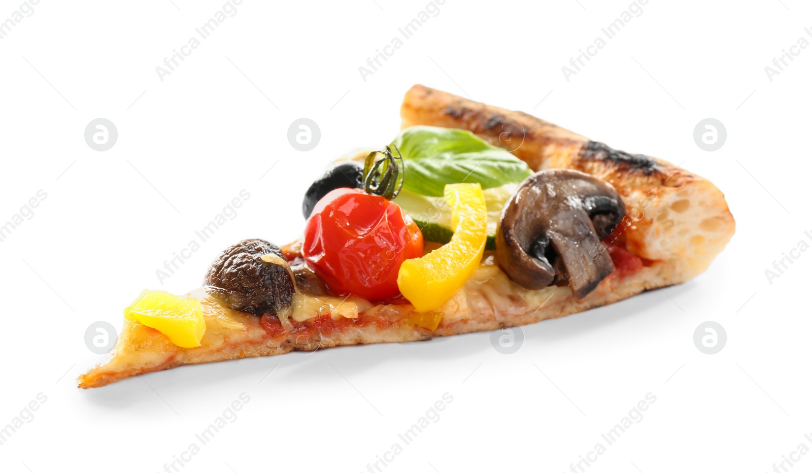 Photo of Slice of tasty vegetable pizza isolated on white