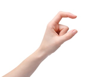 Photo of Woman holding something in fingers on white background, closeup