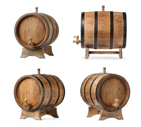 Image of Collage of wooden barrel with tap on white background, different sides