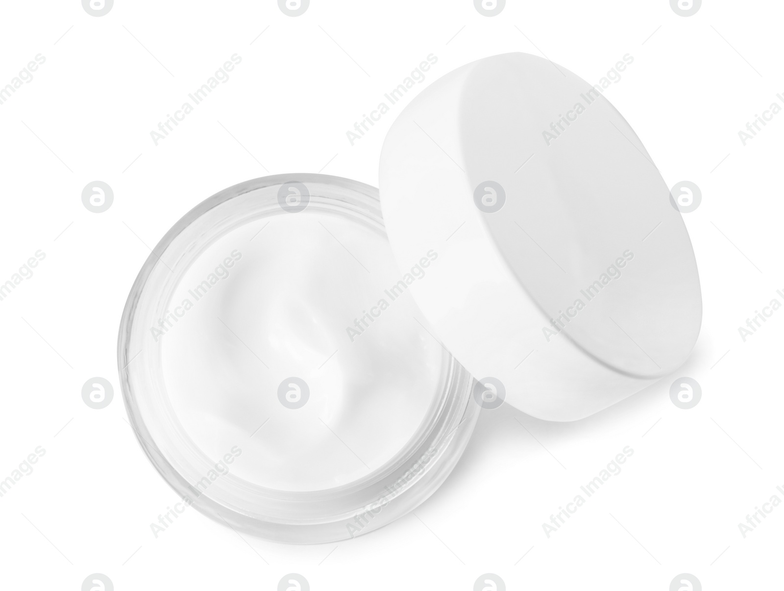 Photo of Jar of organic cream and cap isolated on white, top view