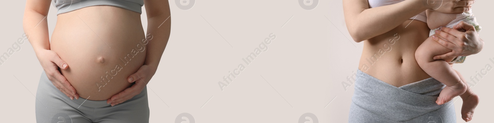 Image of Closeup view of mother with baby and pregnant woman touching her belly on beige background, collage. Banner design