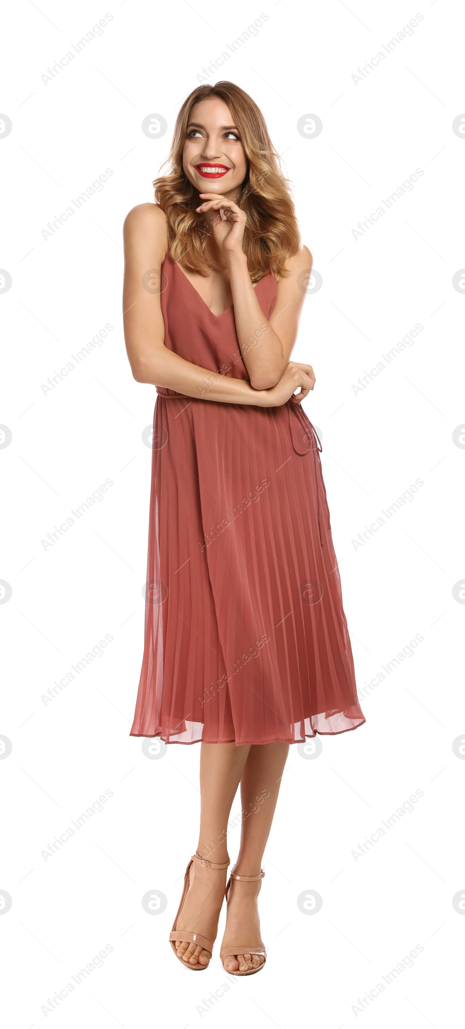 Photo of Happy young woman on white background. Christmas celebration