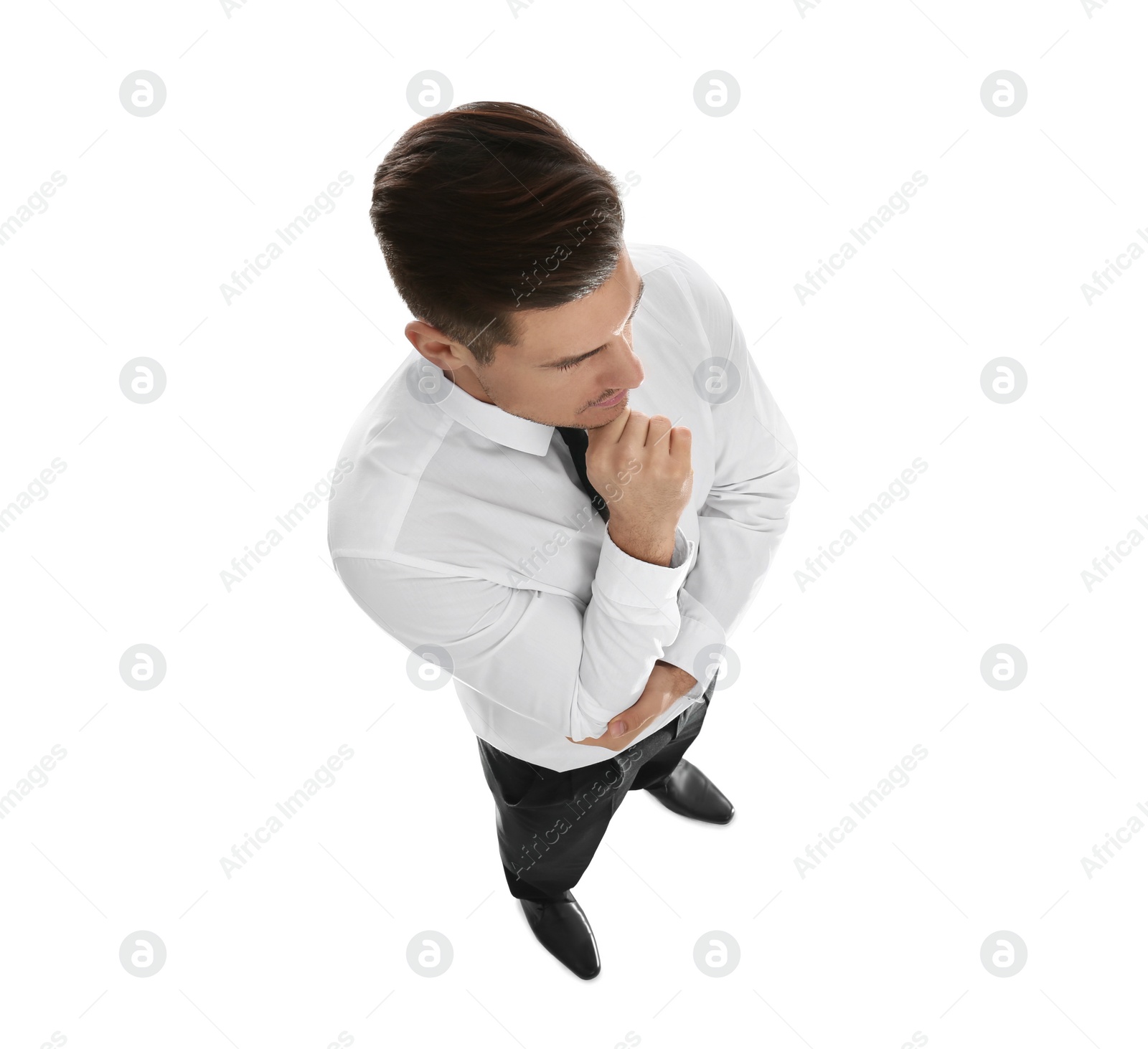 Photo of Thoughtful businessman in formal clothes on white background, above view