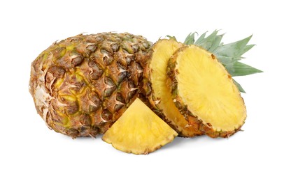 Photo of Whole and cut tasty ripe pineapples isolated on white