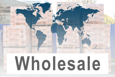 Image of Wholesale business. World map and blurred pallets with bricks on background