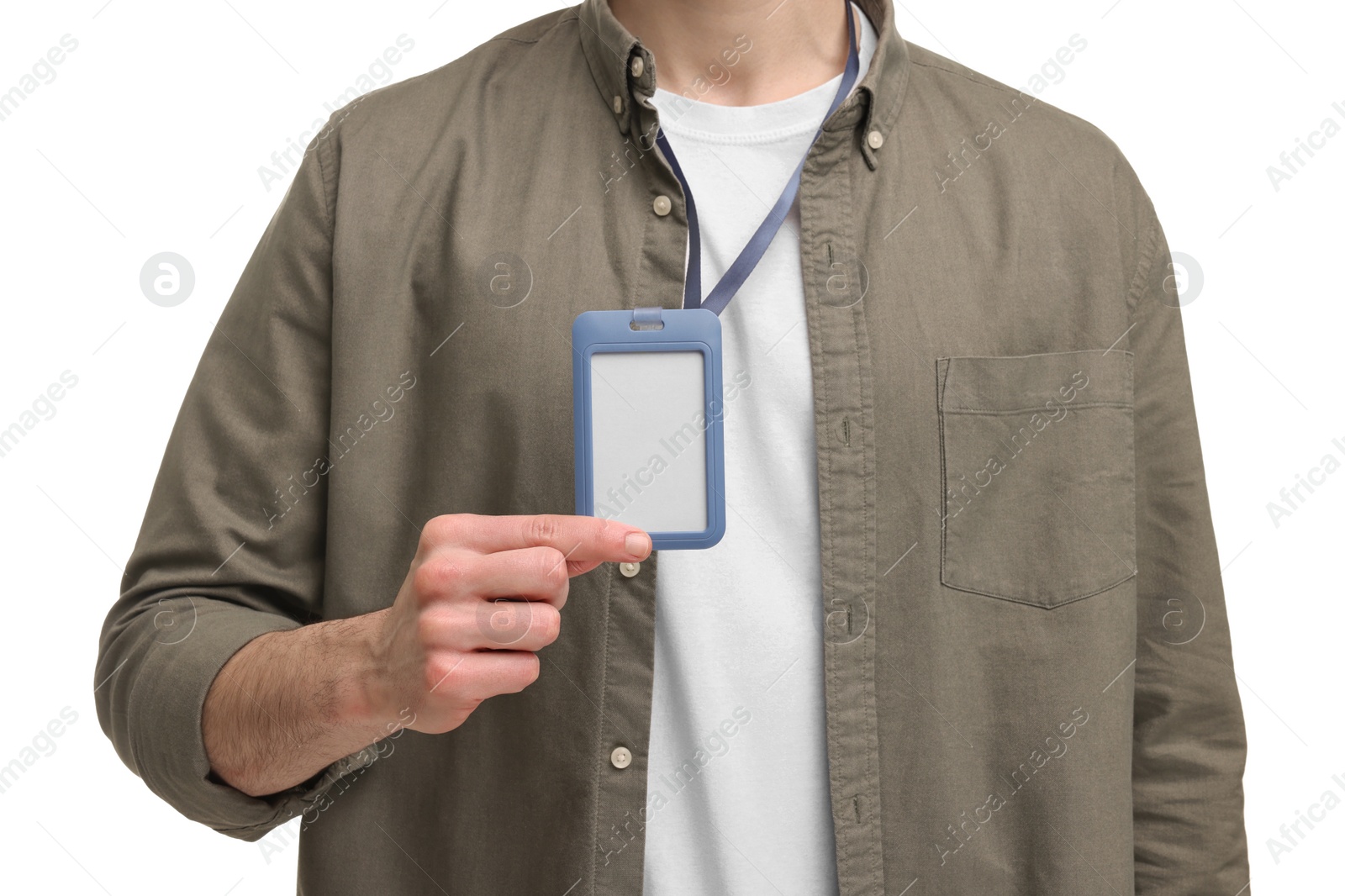 Photo of Man showing empty badge on white background, closeup