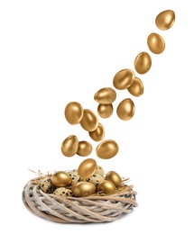Shiny golden eggs falling into nest on white background, top view