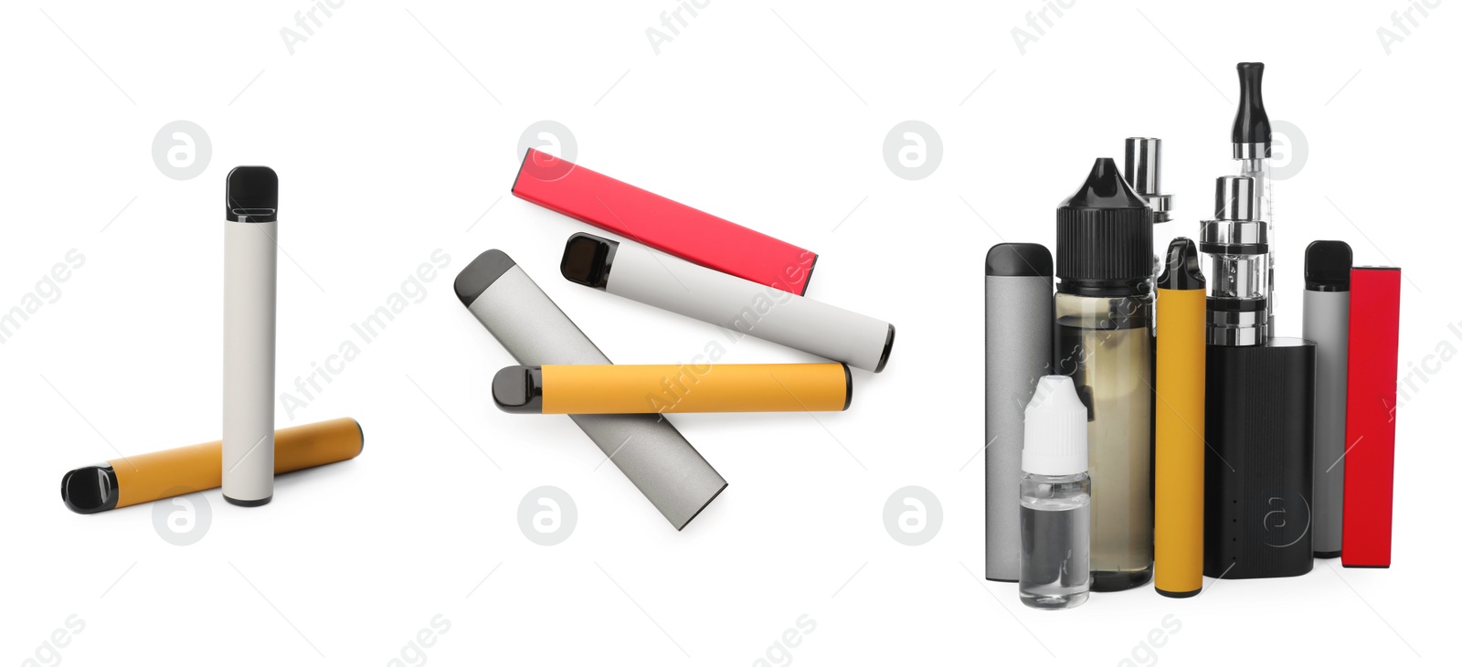 Image of Set with different electronic smoking devices on white background. Banner design