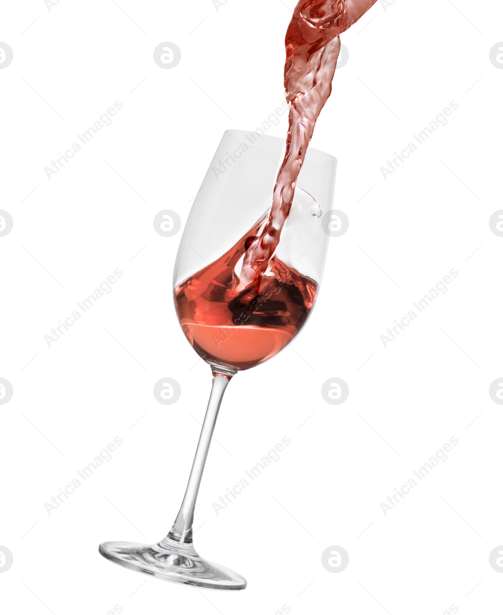 Image of Pouring delicious rose wine into glass on white background