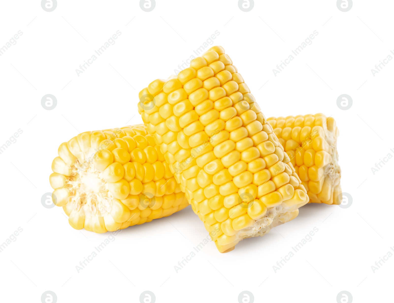 Photo of Pieces of ripe raw corn cobs on white background