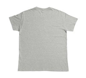 Photo of Gray t-shirt isolated on white, top view. Mockup for design