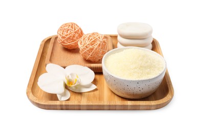 Sea salt in bowl, rattan balls, spa stones and flower isolated on white