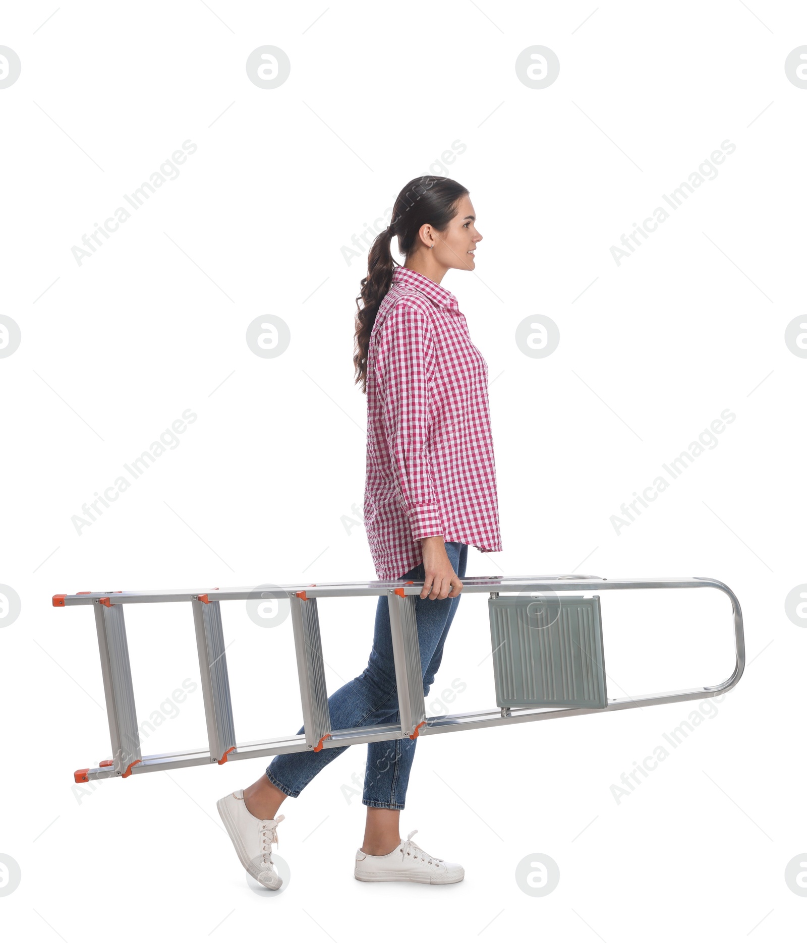 Photo of Young woman holding metal ladder on white background