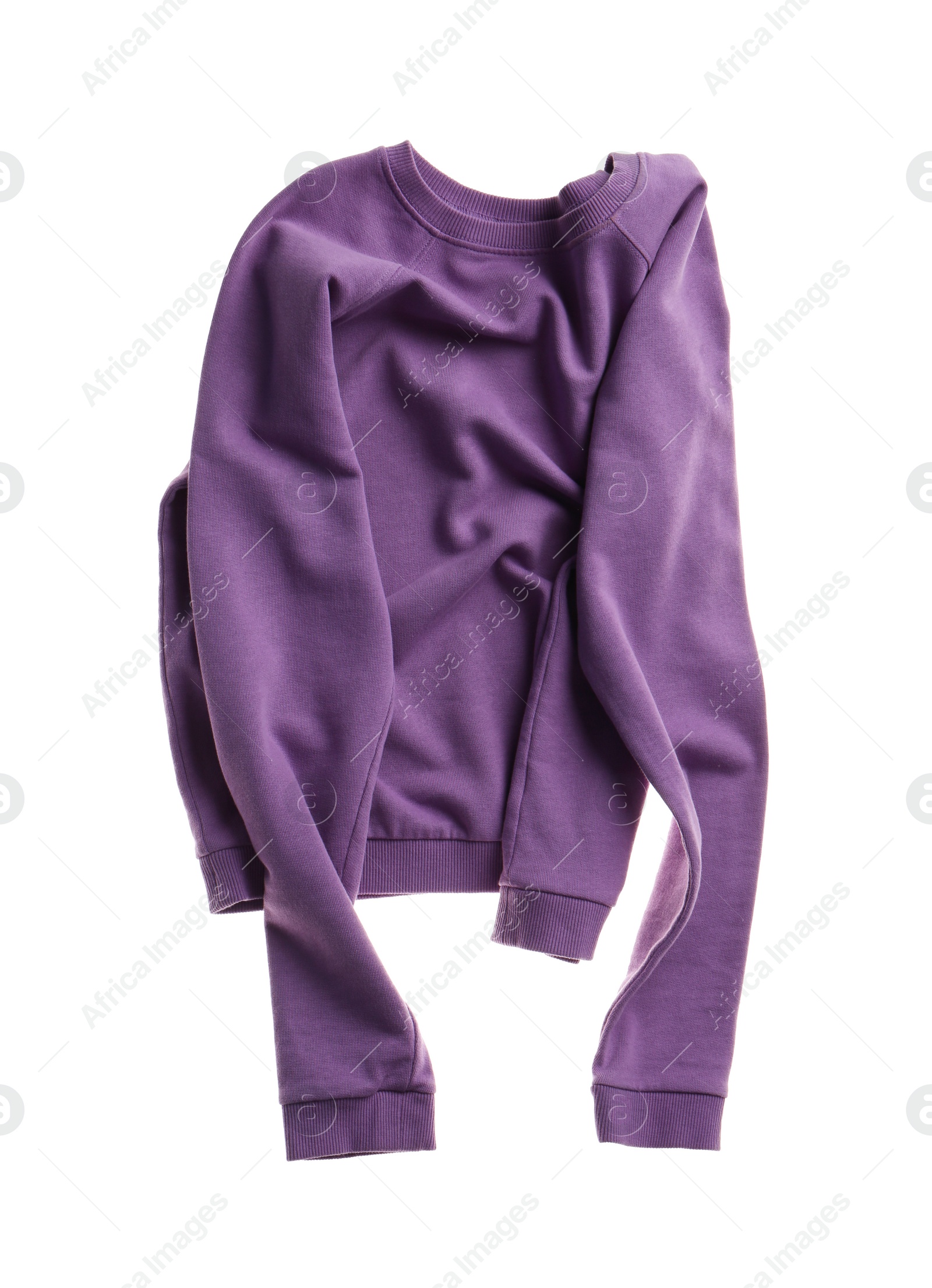 Photo of Rumpled purple sweatshirt isolated on white. Messy clothes