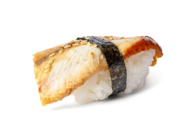 Delicious nigiri sushi with smoked eel isolated on white