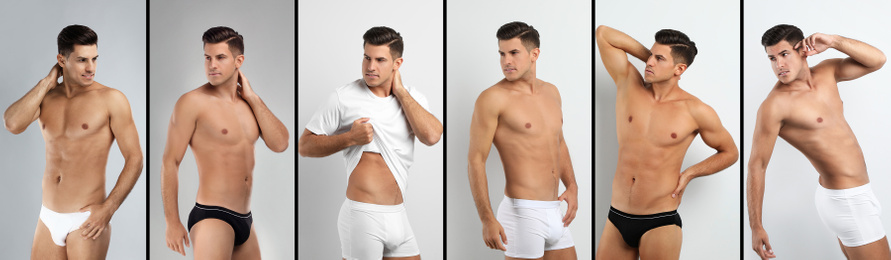 Image of Collage of man in underwear on light background. Banner design 