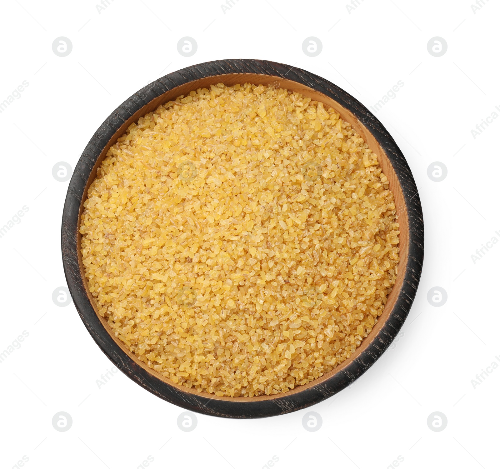 Photo of Bowl of raw bulgur isolated on white, top view